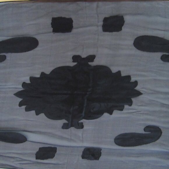 Sheer black shawl scarf with floral & paisley black on black patterns 78" x 21" - Picture 6 of 14